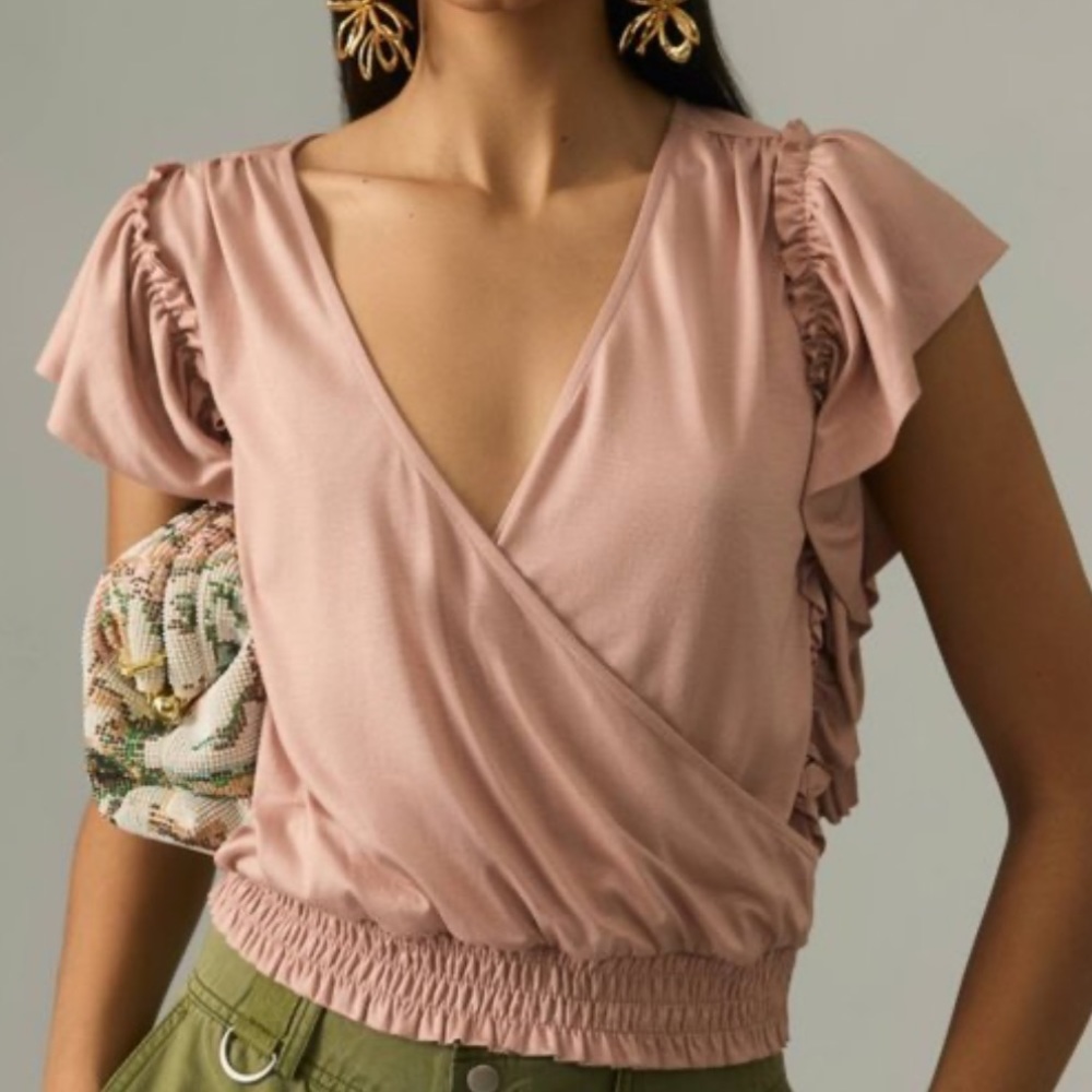 Anthropologie Silky Blush Pink Ruffle Deep V Top Size Small 80% Viscose